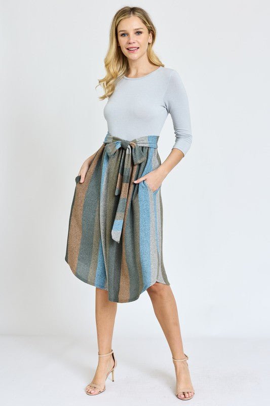 Quarter Sleeve Stripe Sash Midi Dress - Chaelisa's New Jammies
