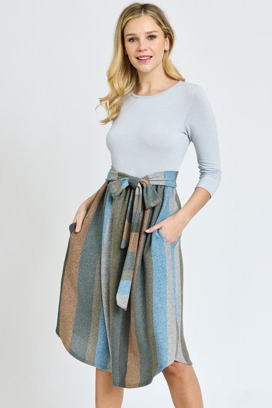 Quarter Sleeve Stripe Sash Midi Dress - Chaelisa's New Jammies