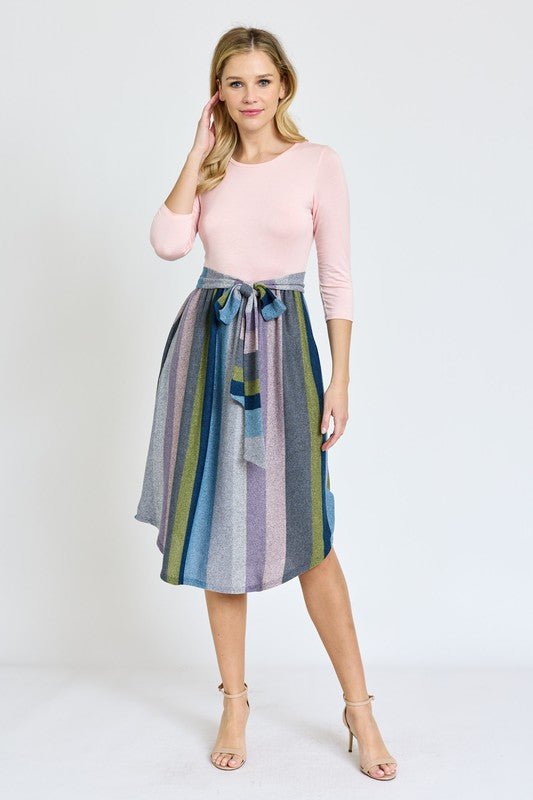 Quarter Sleeve Stripe Sash Midi Dress - Chaelisa's New Jammies