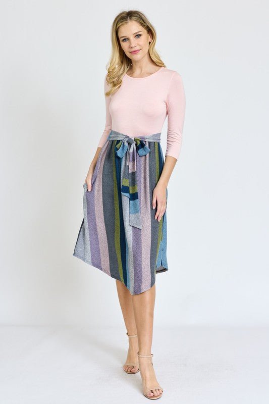 Quarter Sleeve Stripe Sash Midi Dress - Chaelisa's New Jammies