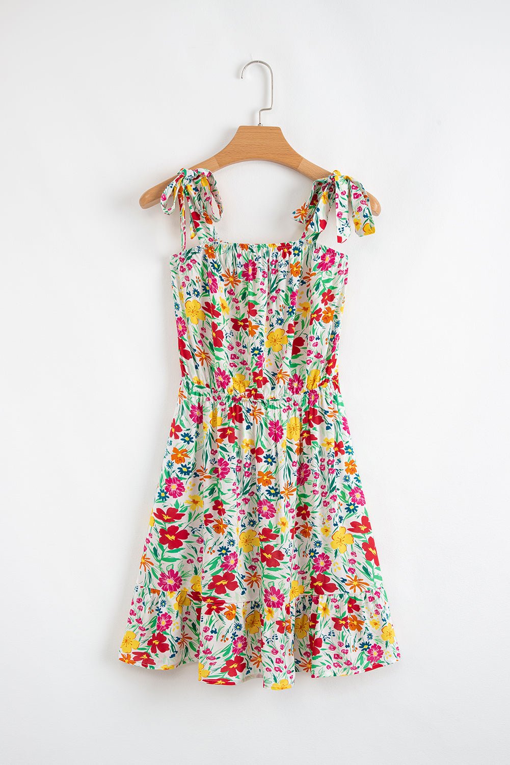 Red Floral Knotted Straps Cinched Waist Ruffle Hem Mini Dress - Chaelisa's New Jammies