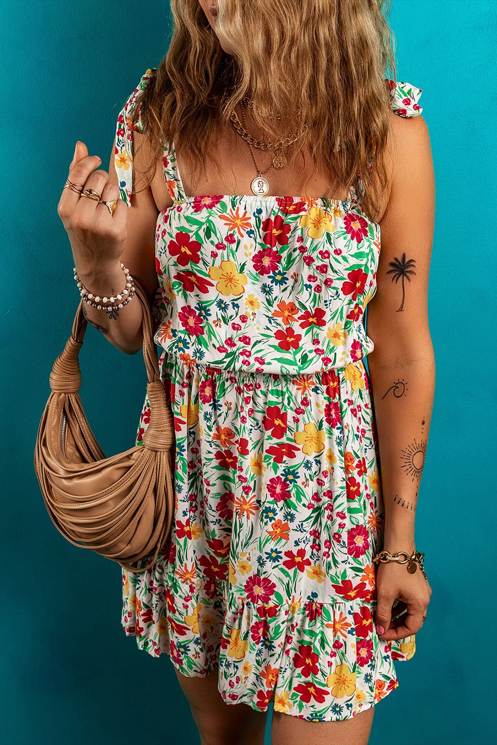 Red Floral Knotted Straps Cinched Waist Ruffle Hem Mini Dress - Chaelisa's New Jammies