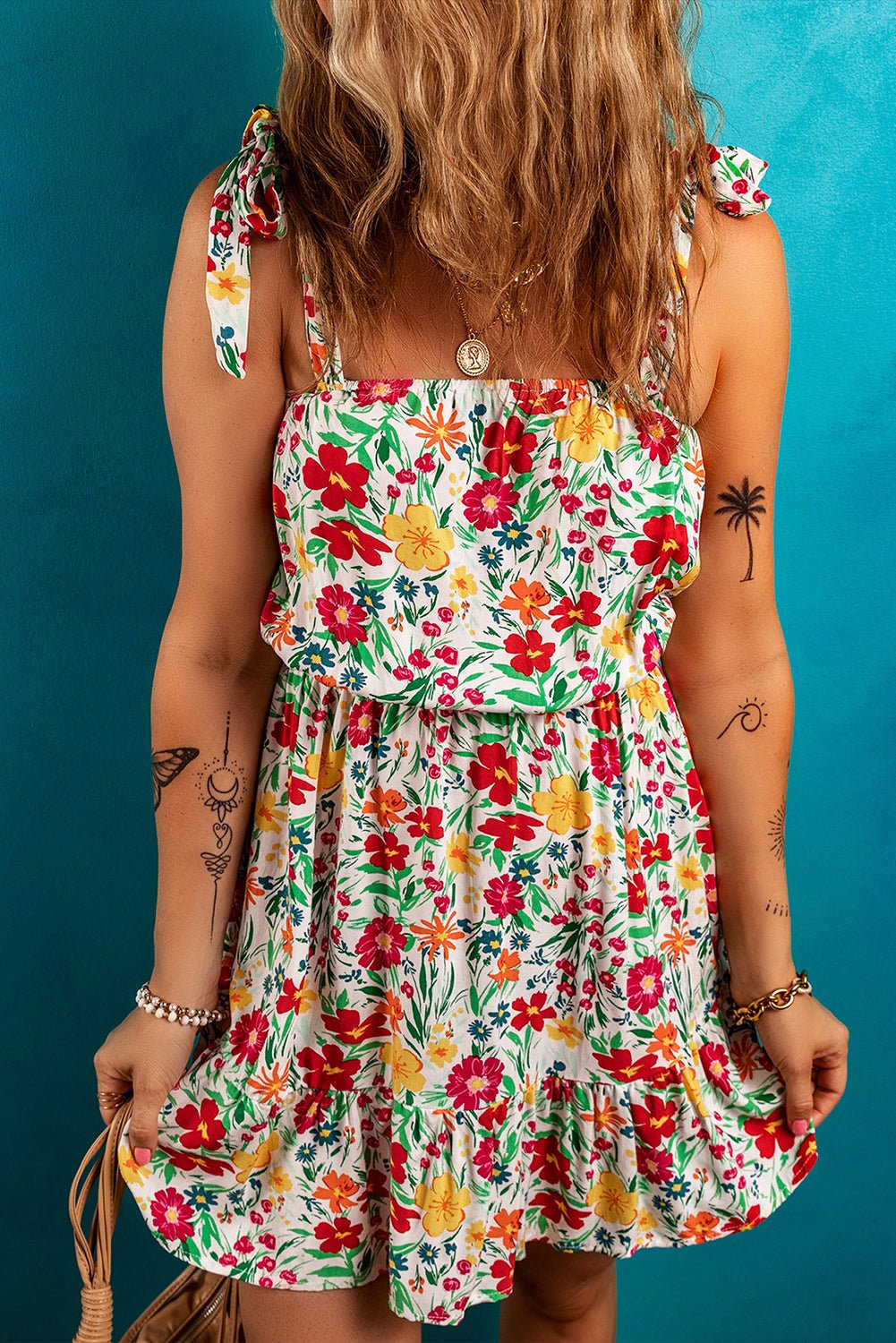Red Floral Knotted Straps Cinched Waist Ruffle Hem Mini Dress - Chaelisa's New Jammies