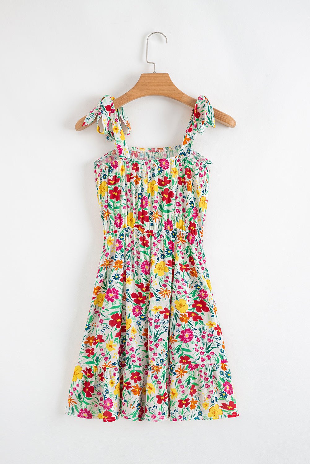 Red Floral Knotted Straps Cinched Waist Ruffle Hem Mini Dress - Chaelisa's New Jammies