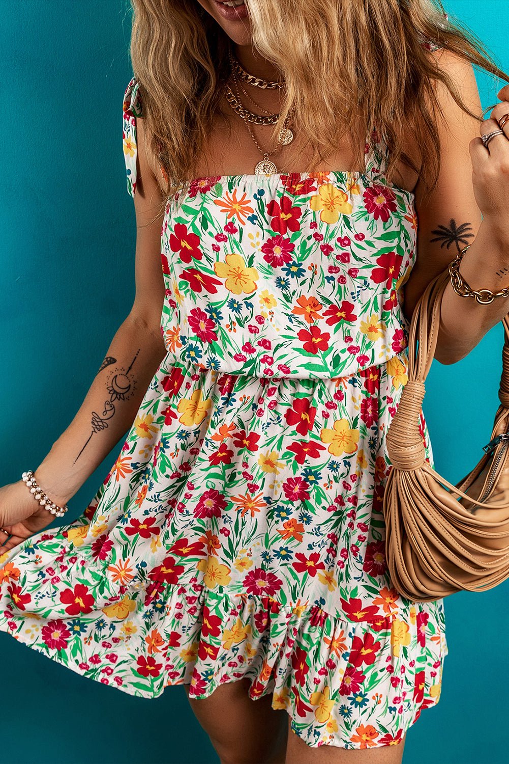 Red Floral Knotted Straps Cinched Waist Ruffle Hem Mini Dress - Chaelisa's New Jammies