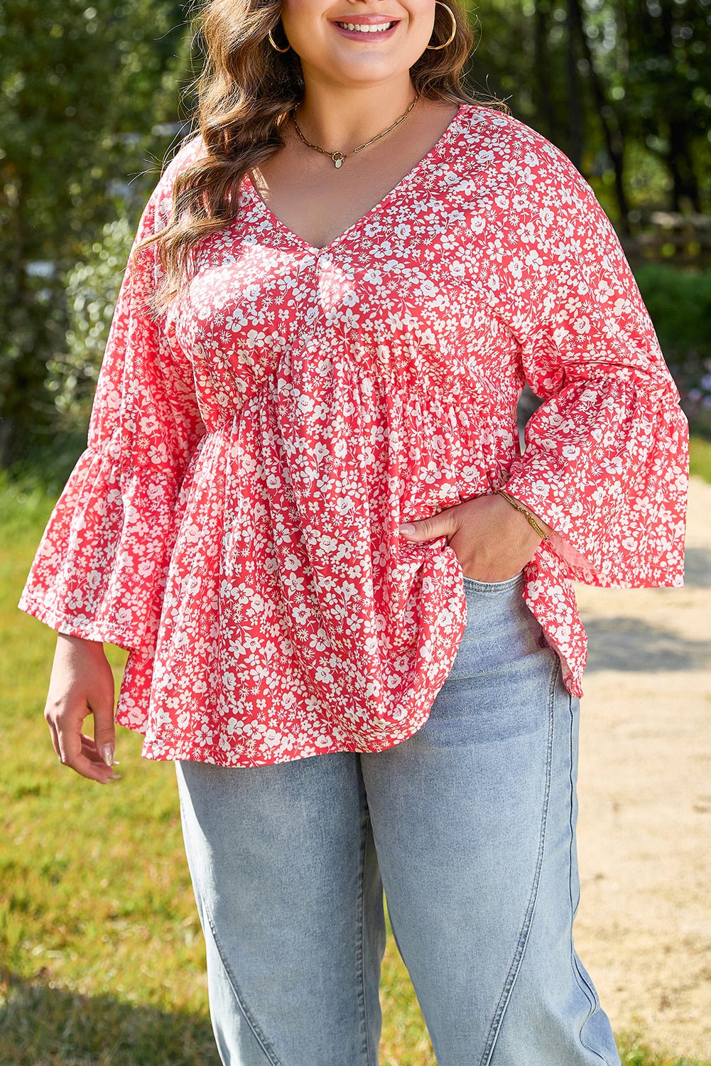 Red Plus Size Floral V Neck Flared Bracelet Sleeve Blouse - Chaelisa's New Jammies