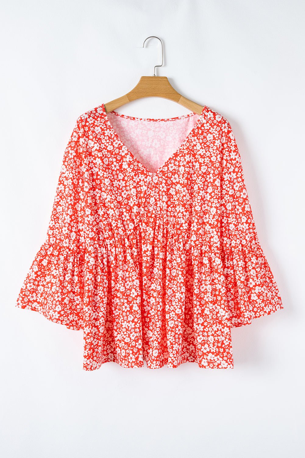 Red Plus Size Floral V Neck Flared Bracelet Sleeve Blouse - Chaelisa's New Jammies