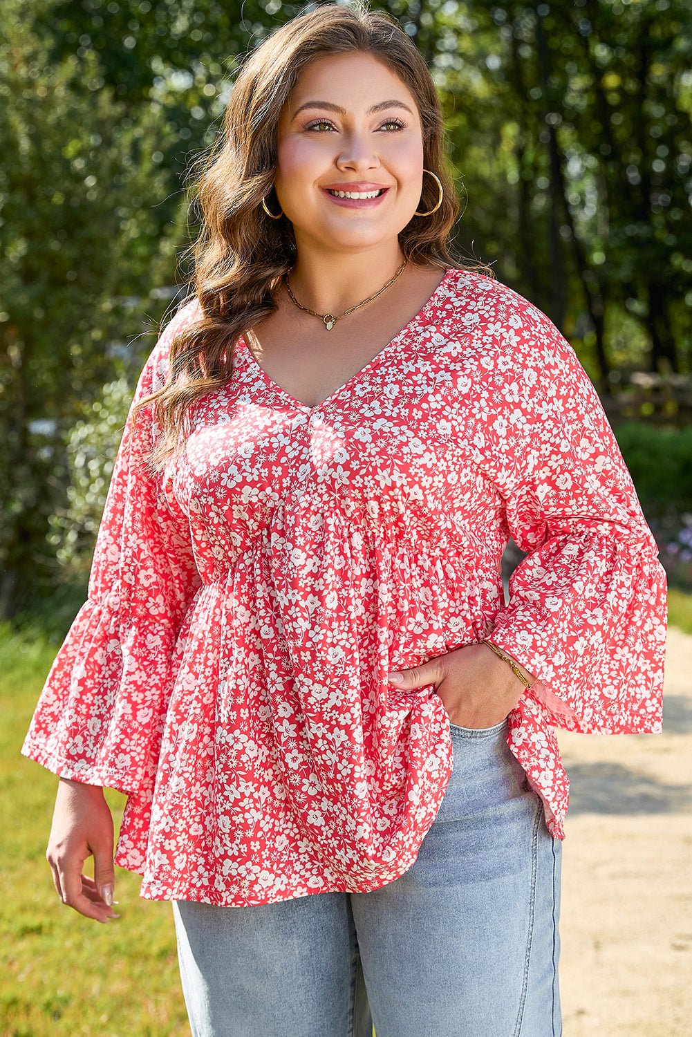 Red Plus Size Floral V Neck Flared Bracelet Sleeve Blouse - Chaelisa's New Jammies
