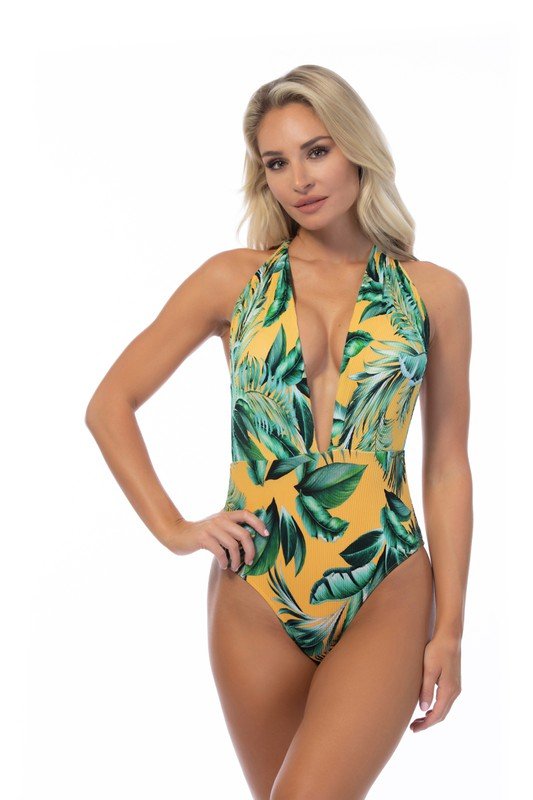 RIBBED TROPICAL V NECK ONE PIECE SWIMSUIT - Chaelisa's New Jammies