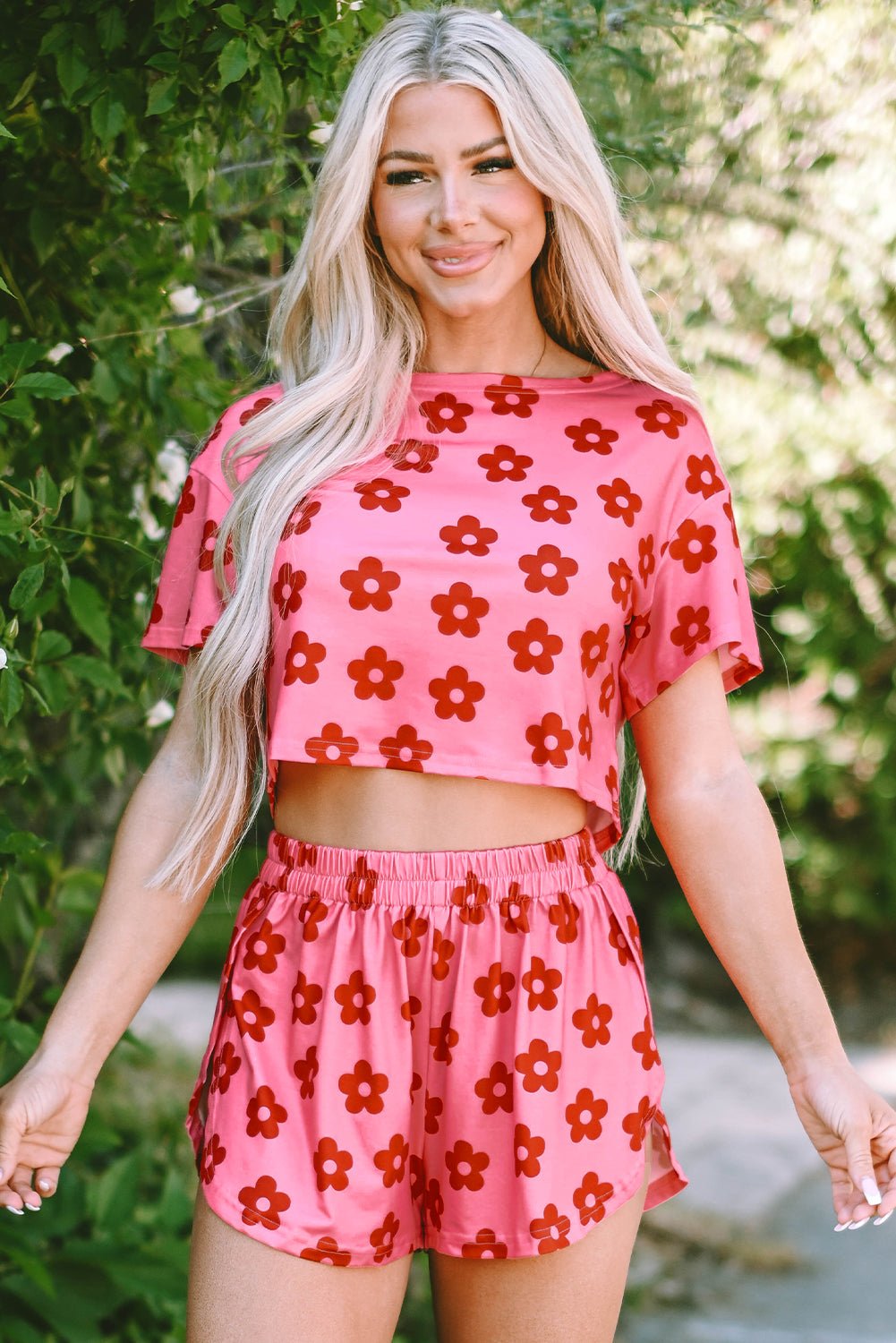 Rose Floral Print Crop Tee and Shorts Lounge Set - Chaelisa's New Jammies