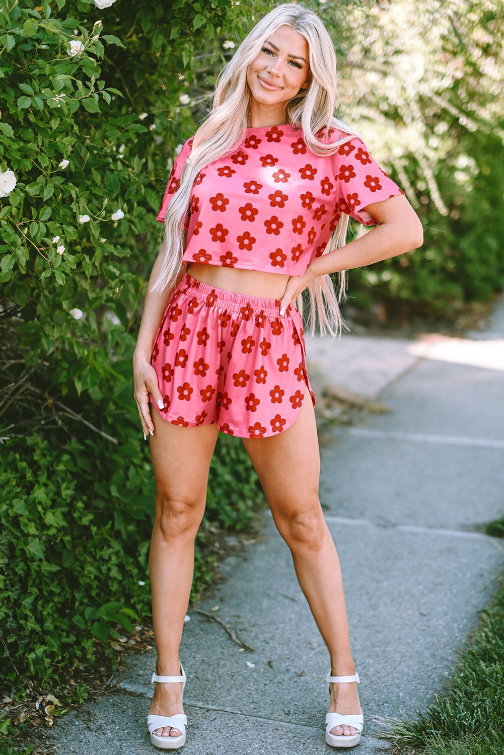 Rose Floral Print Crop Tee and Shorts Lounge Set - Chaelisa's New Jammies