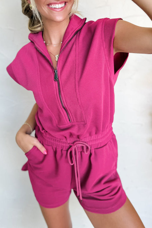 Rose Red Textured Short Sleeve Half Zip Drawstring Waist Romper - Chaelisa's New Jammies