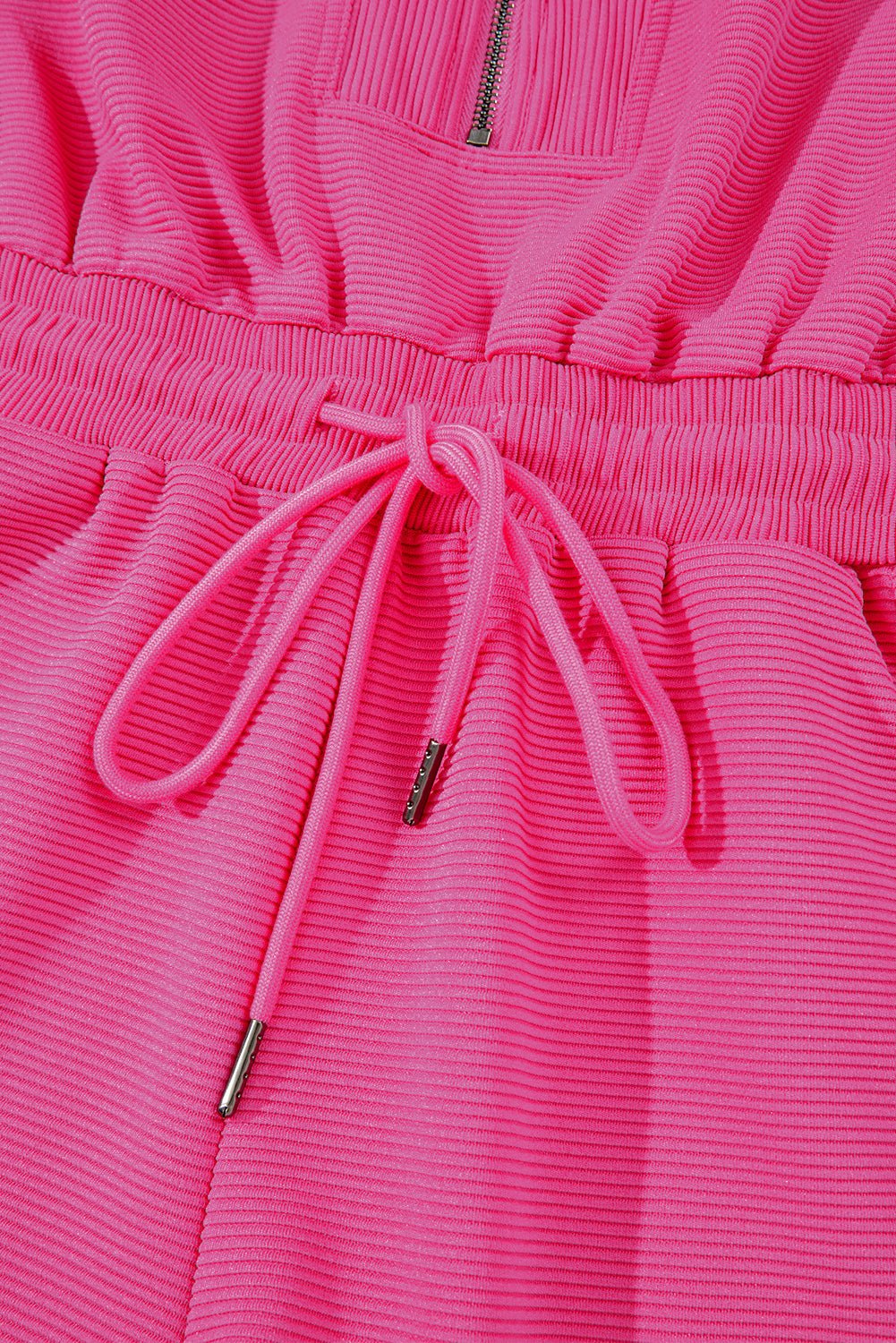 Rose Red Textured Short Sleeve Half Zip Drawstring Waist Romper - Chaelisa's New Jammies