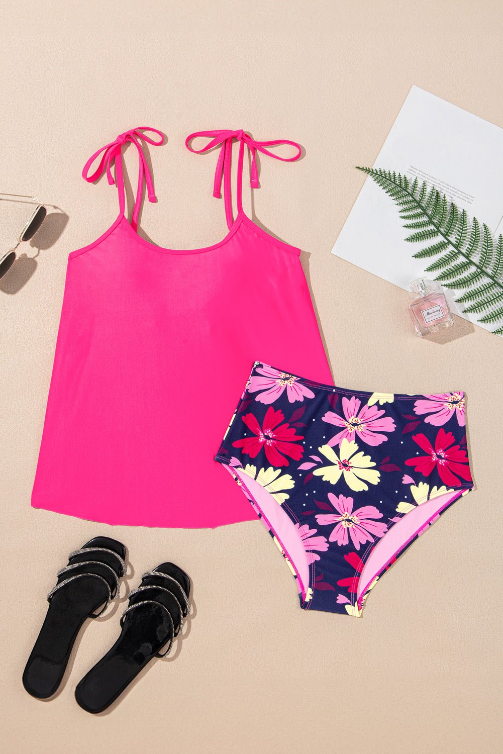 Rose Red Tie Shoulder Floral Print Cute Tankini Set - Chaelisa's New Jammies