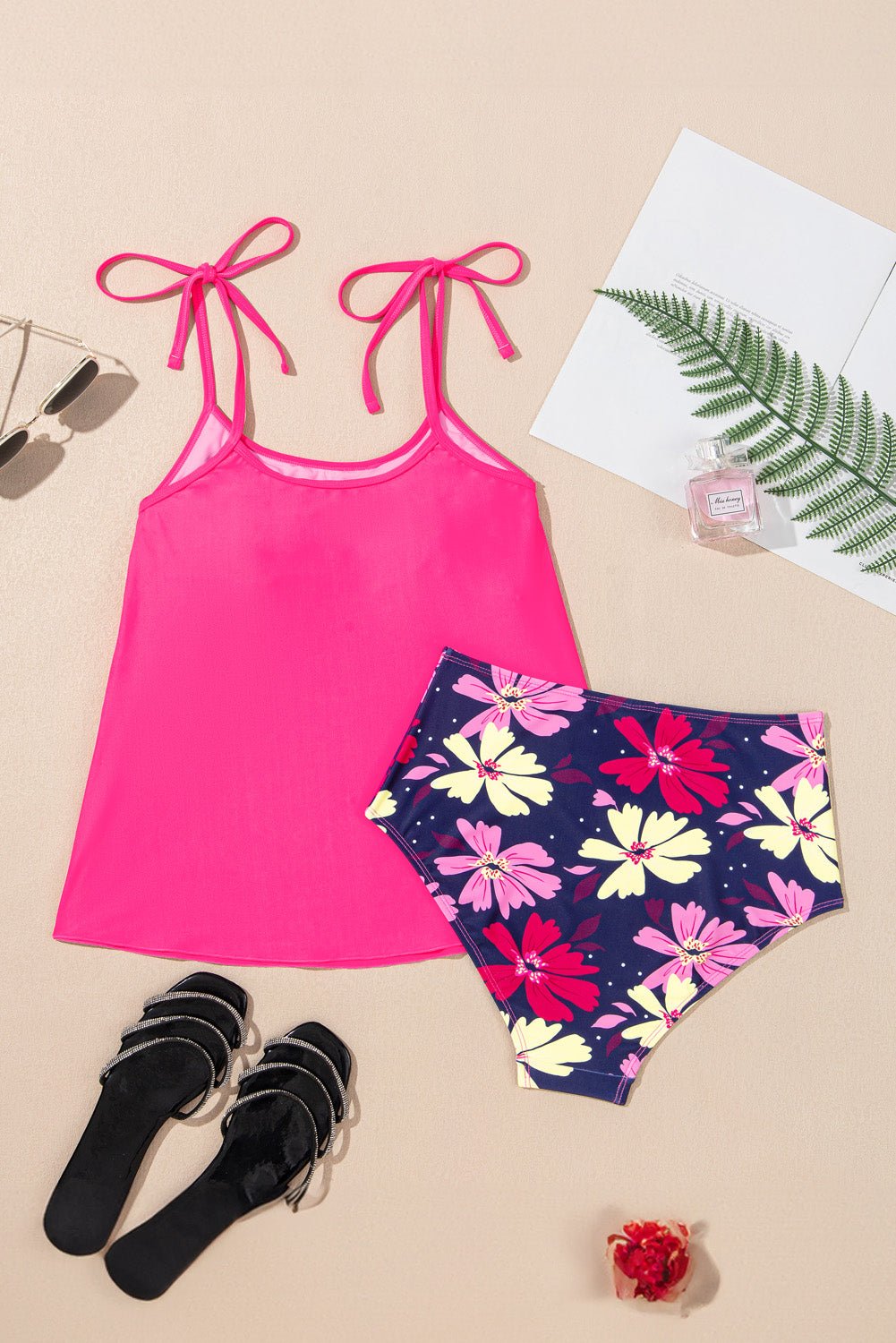 Rose Red Tie Shoulder Floral Print Cute Tankini Set - Chaelisa's New Jammies