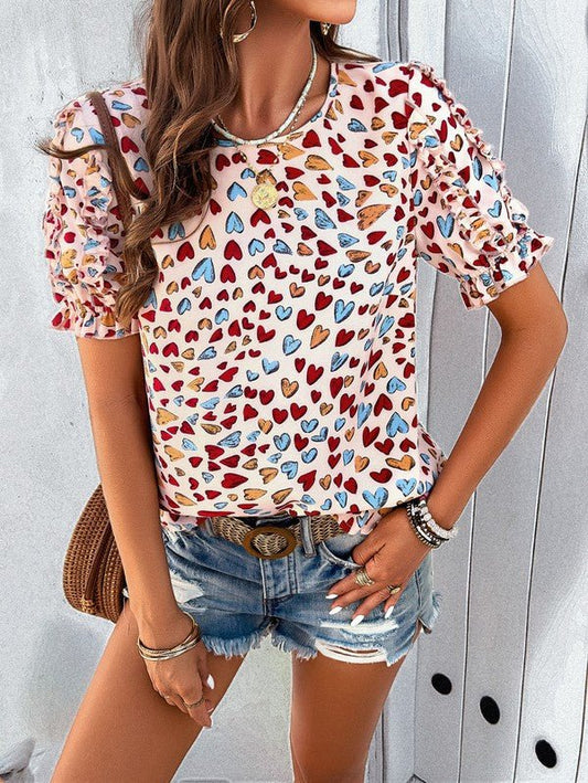 Round neck heart print ruffled sleeve top - Chaelisa's New Jammies