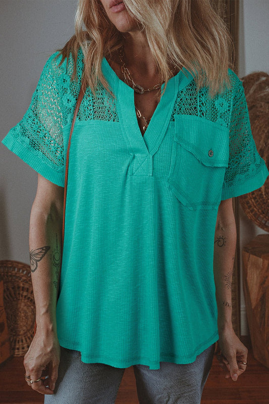 Sea Green Lace Patchwork Split Neck Textured Short Sleeve Blouse - Chaelisa's New Jammies