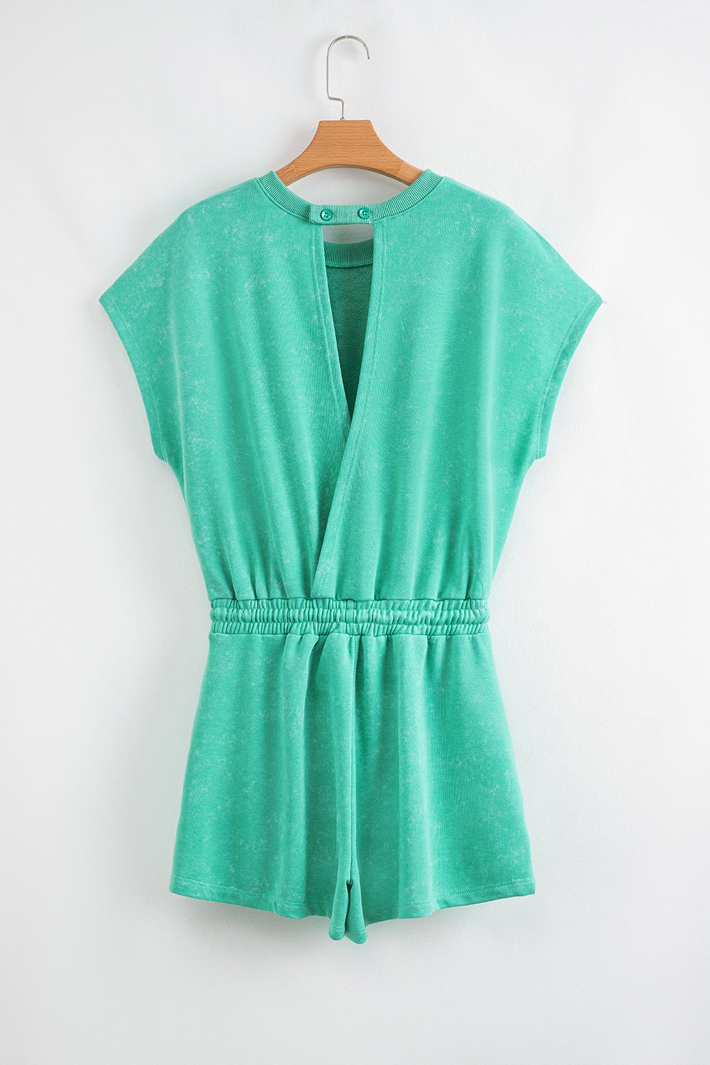 Sea Green Mineral Wash Drawstring Waist Hollow Out Back Short Sleeve Romper - Chaelisa's New Jammies