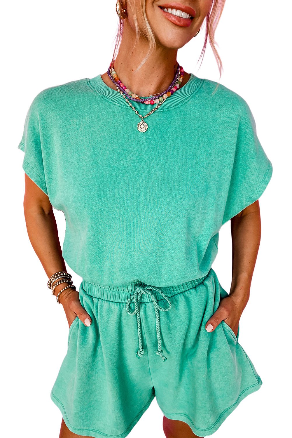 Sea Green Mineral Wash Drawstring Waist Hollow Out Back Short Sleeve Romper - Chaelisa's New Jammies