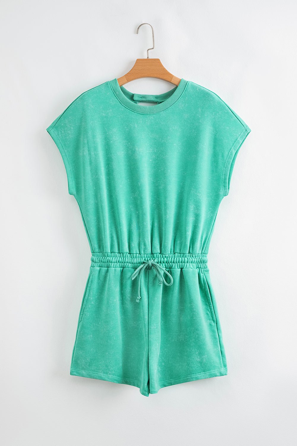 Sea Green Mineral Wash Drawstring Waist Hollow Out Back Short Sleeve Romper - Chaelisa's New Jammies