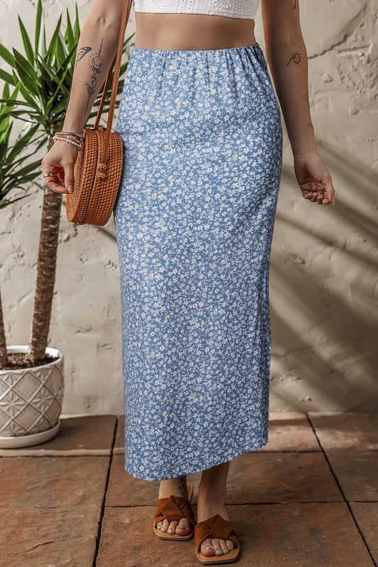 Sky Blue Boho Floral High Waist Long Skirt with Side Split - Chaelisa's New Jammies