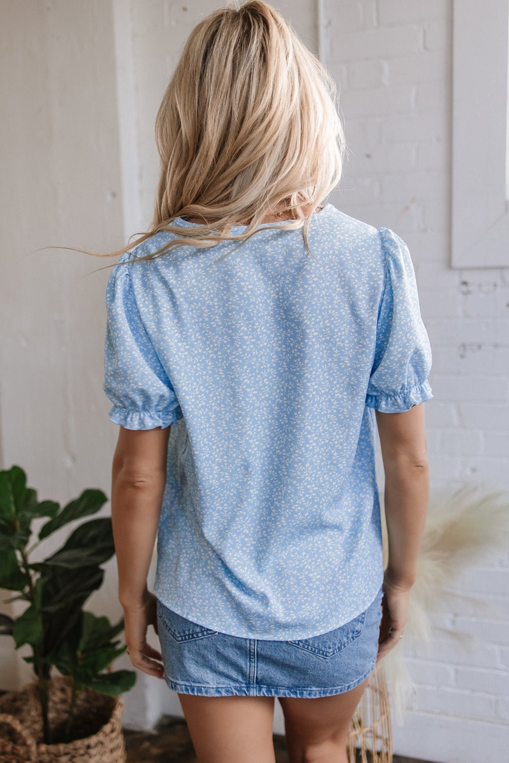 Sky Blue Floral Embroidered Puff Sleeve Notched V Neck Blouse - Chaelisa's New Jammies