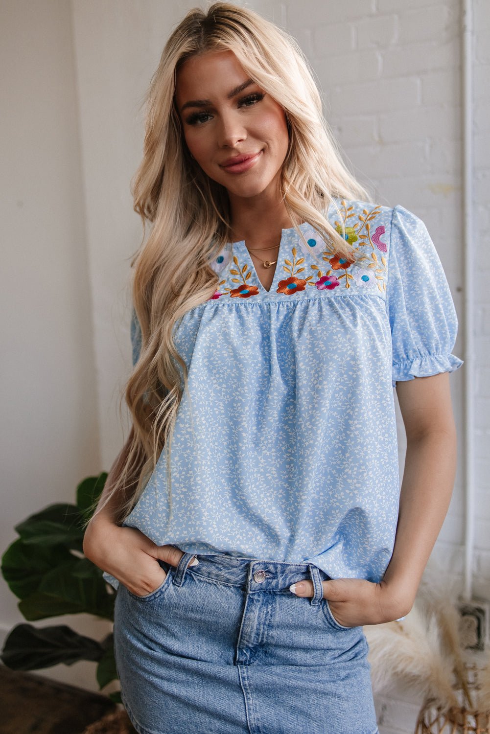 Sky Blue Floral Embroidered Puff Sleeve Notched V Neck Blouse - Chaelisa's New Jammies