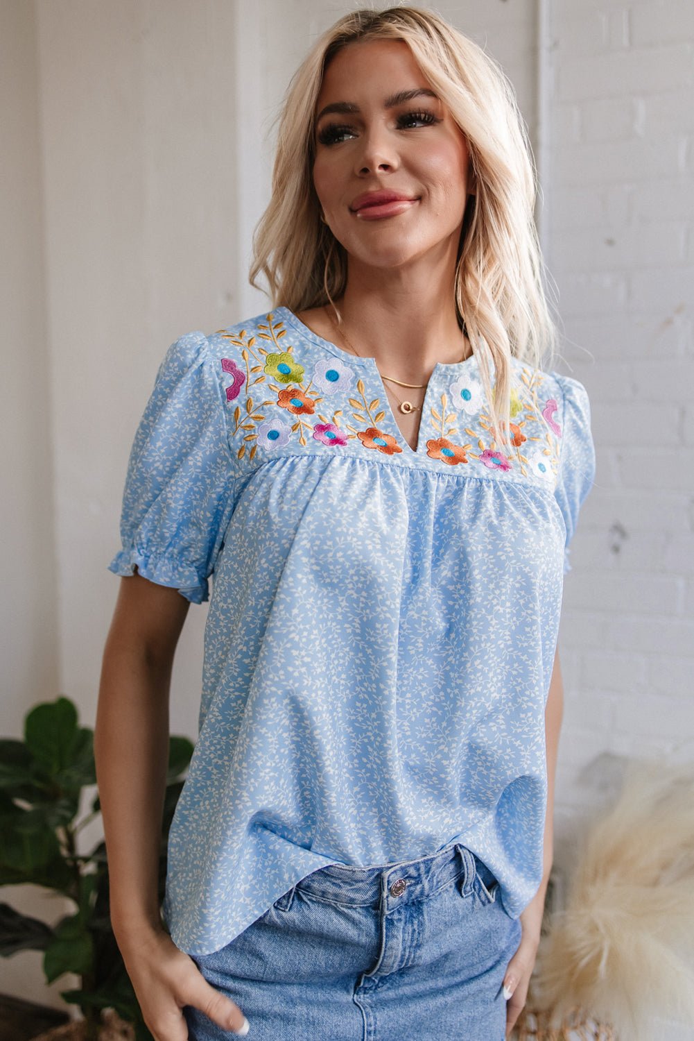 Sky Blue Floral Embroidered Puff Sleeve Notched V Neck Blouse - Chaelisa's New Jammies
