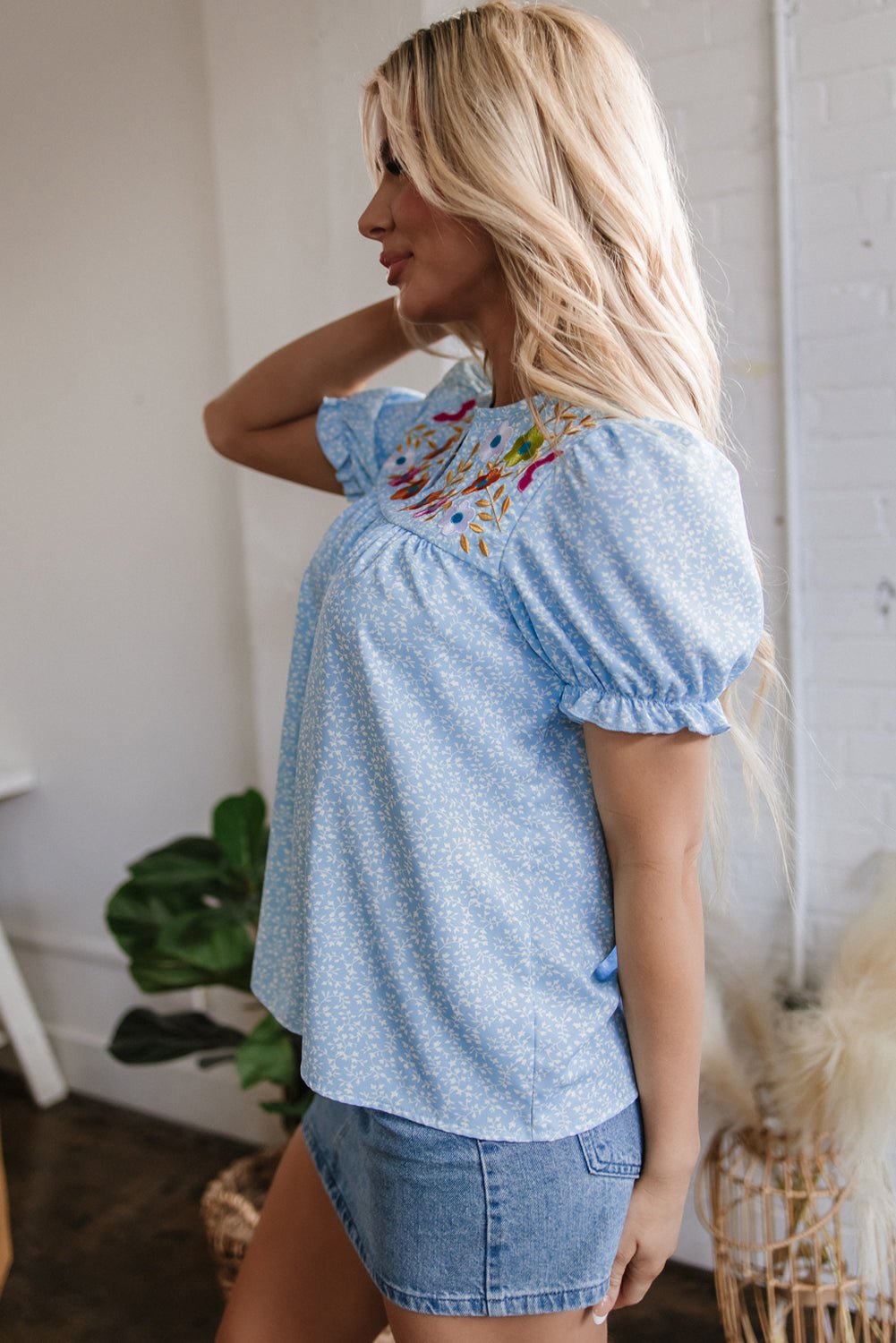 Sky Blue Floral Embroidered Puff Sleeve Notched V Neck Blouse - Chaelisa's New Jammies