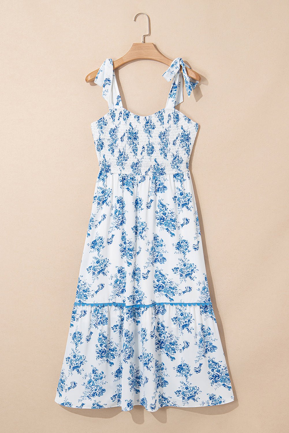 Sky Blue Floral Print Shirred Knot Shoulder Sleeveless Long Dress - Chaelisa's New Jammies