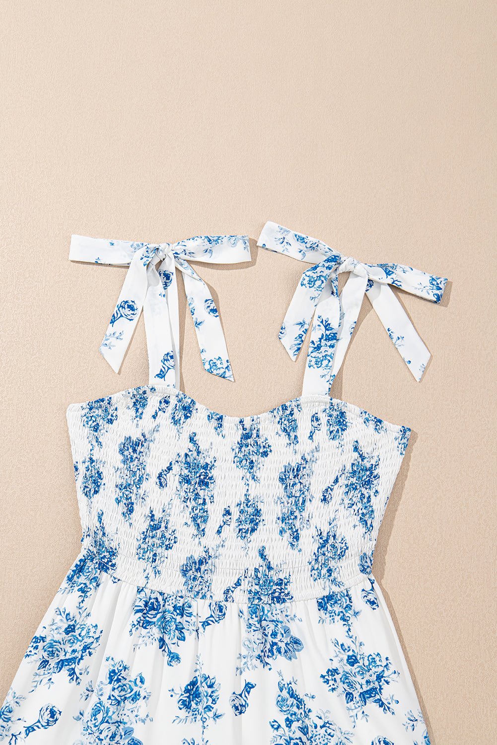 Sky Blue Floral Print Shirred Knot Shoulder Sleeveless Long Dress - Chaelisa's New Jammies