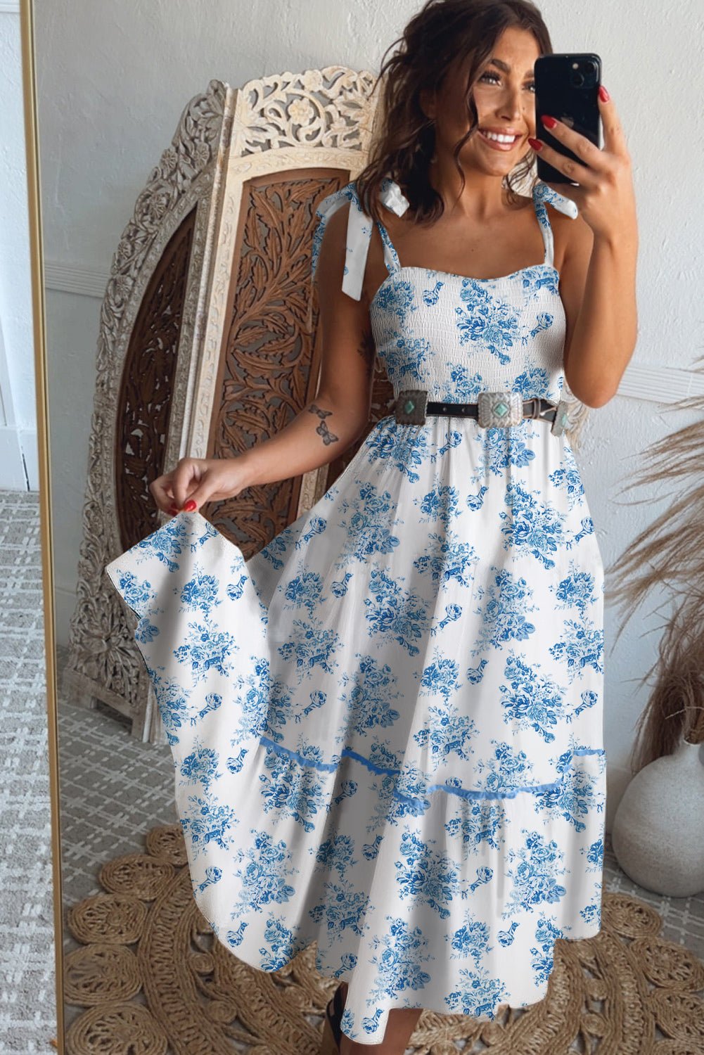 Sky Blue Floral Print Shirred Knot Shoulder Sleeveless Long Dress - Chaelisa's New Jammies