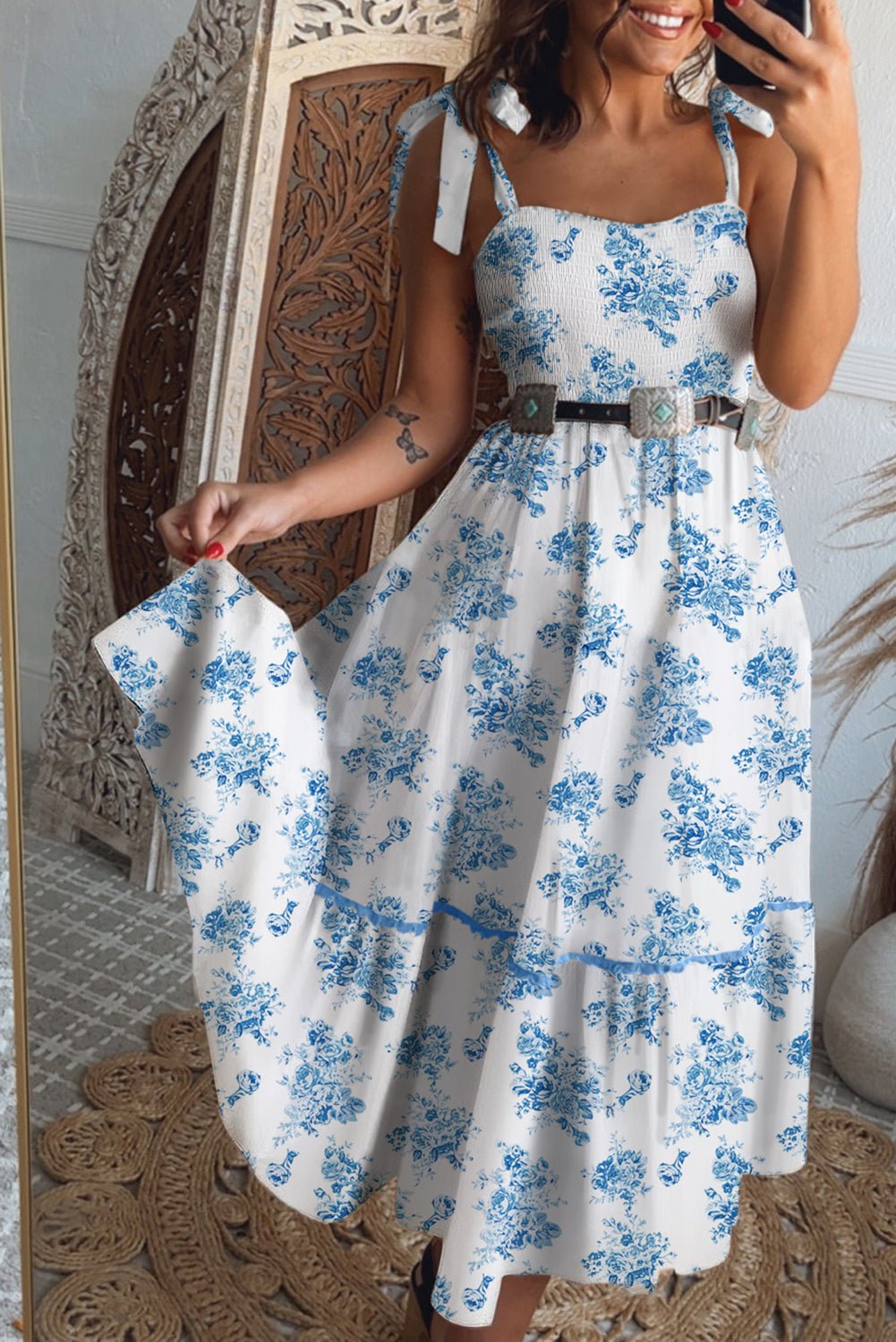 Sky Blue Floral Print Shirred Knot Shoulder Sleeveless Long Dress - Chaelisa's New Jammies