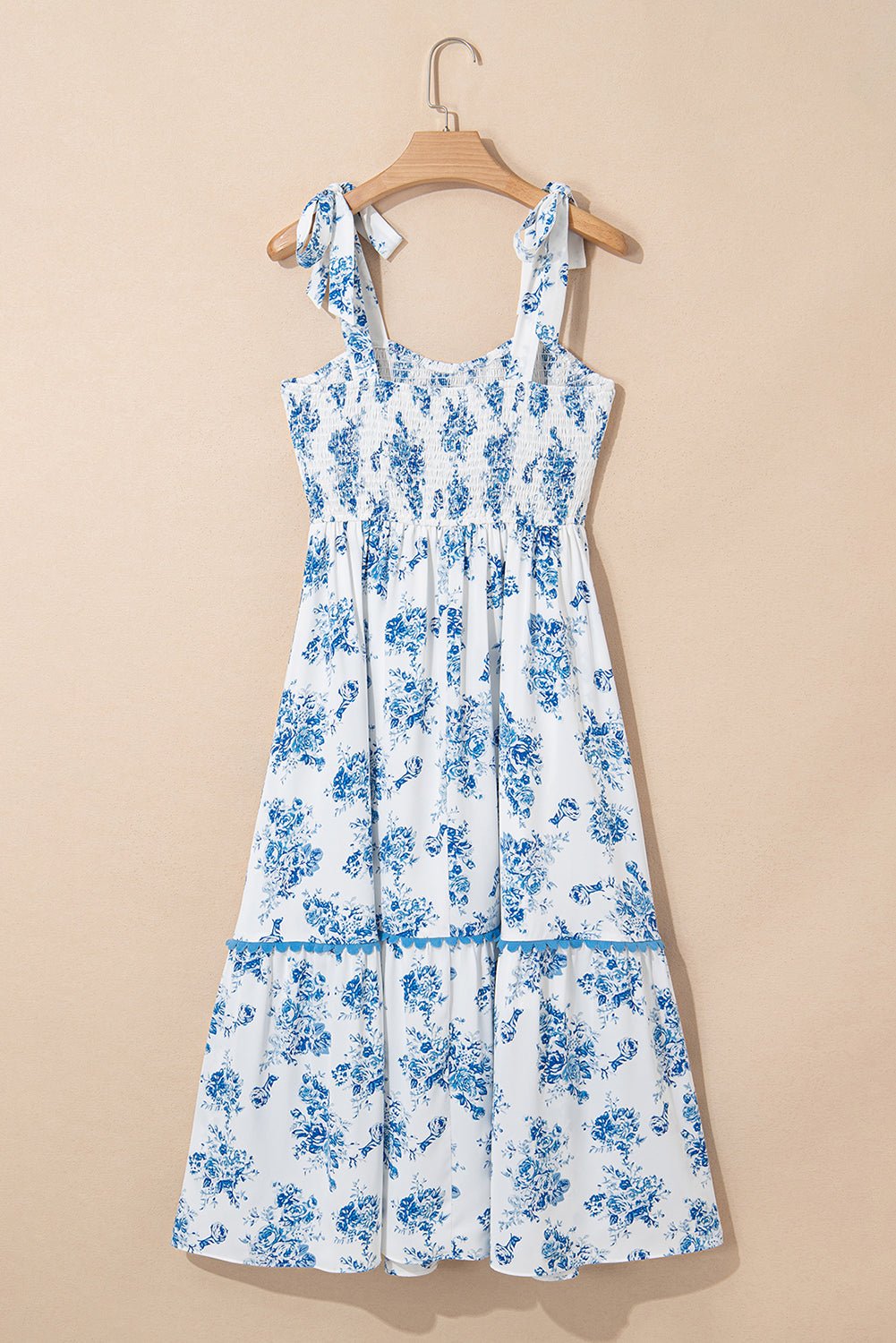 Sky Blue Floral Print Shirred Knot Shoulder Sleeveless Long Dress - Chaelisa's New Jammies