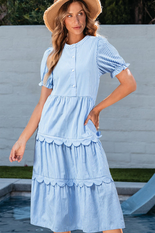 Sky Blue Stripe Bubble Short Sleeve Tiered Scallop Long Dress - Chaelisa's New Jammies