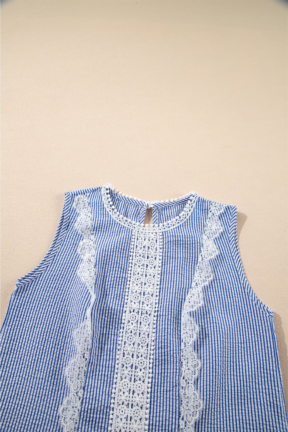 Sky Blue Stripe Lace Patchwork Crew Neck Tank Top - Chaelisa's New Jammies