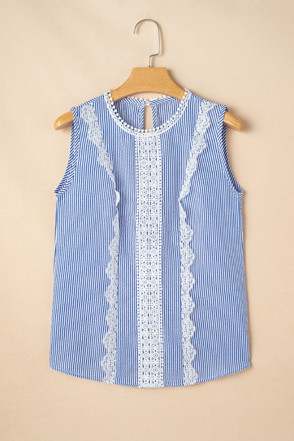 Sky Blue Stripe Lace Patchwork Crew Neck Tank Top - Chaelisa's New Jammies