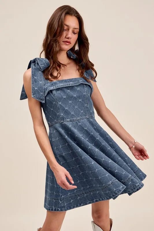 SO ME A Line Fit and Flare Diamond Bow Ribbon Denim Dres - Chaelisa's New Jammies