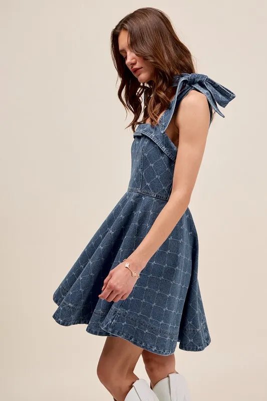 SO ME A Line Fit and Flare Diamond Bow Ribbon Denim Dres - Chaelisa's New Jammies