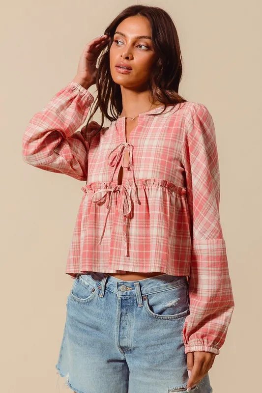 SO ME Front Tie Checkered Plaid Blouse - Chaelisa's New Jammies
