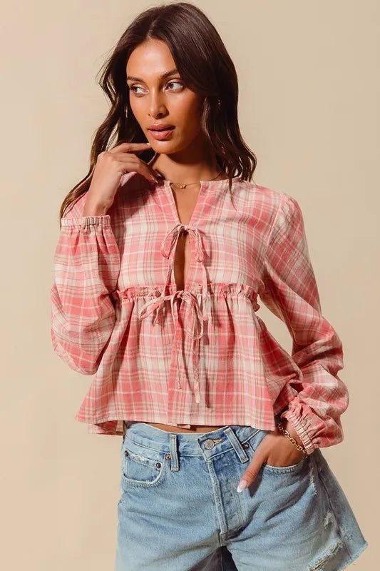 SO ME Front Tie Checkered Plaid Blouse - Chaelisa's New Jammies