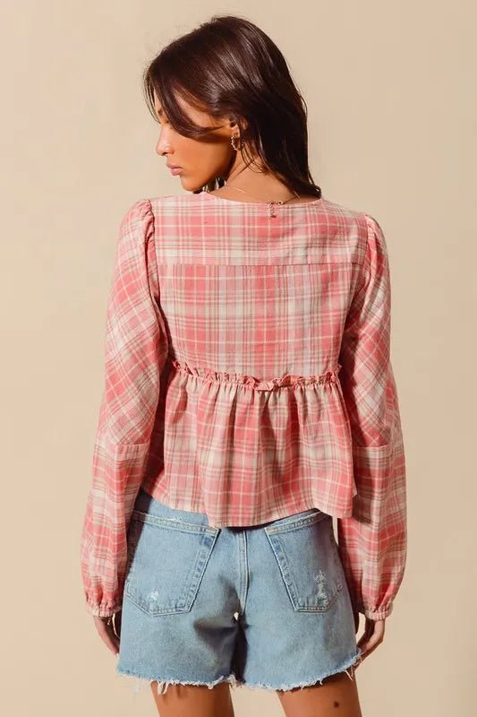 SO ME Front Tie Checkered Plaid Blouse - Chaelisa's New Jammies