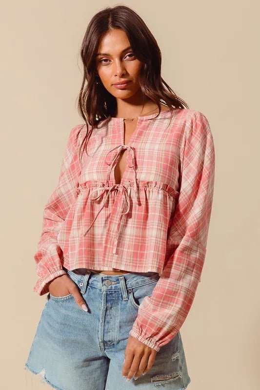 SO ME Front Tie Checkered Plaid Blouse - Chaelisa's New Jammies