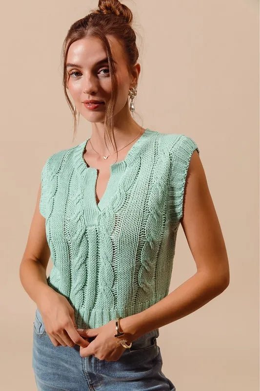 SO ME Notched Neck Cable Knit Sweater Vest - Chaelisa's New Jammies