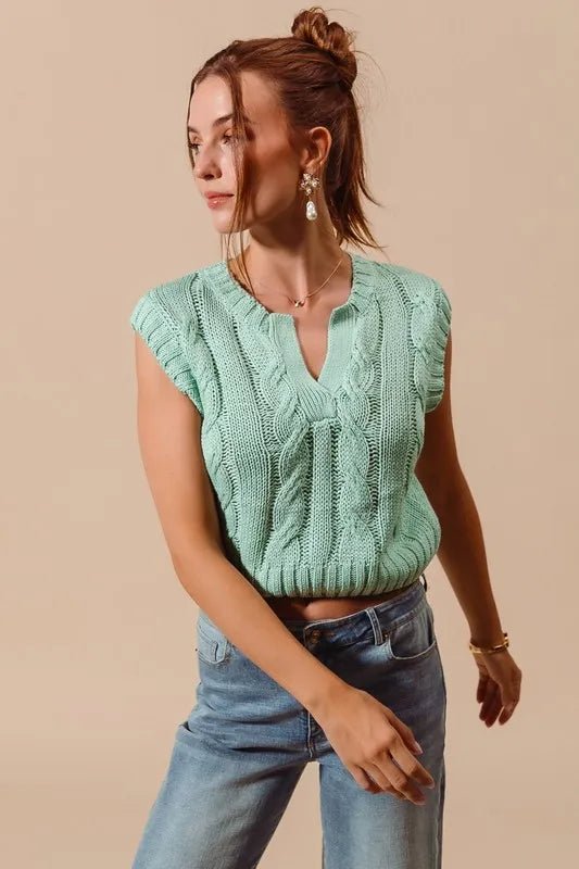SO ME Notched Neck Cable Knit Sweater Vest - Chaelisa's New Jammies