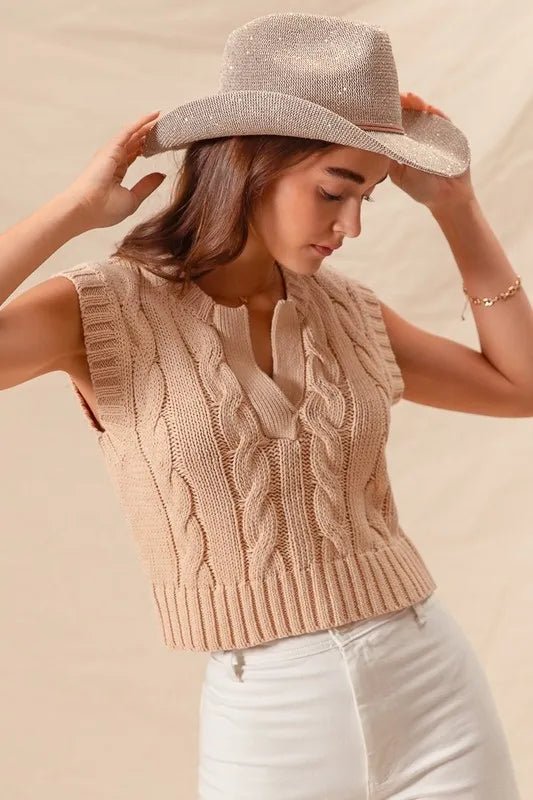 SO ME Notched Neck Cable Knit Sweater Vest - Chaelisa's New Jammies