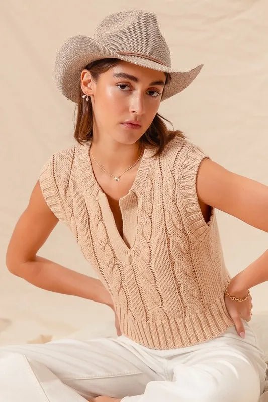 SO ME Notched Neck Cable Knit Sweater Vest - Chaelisa's New Jammies