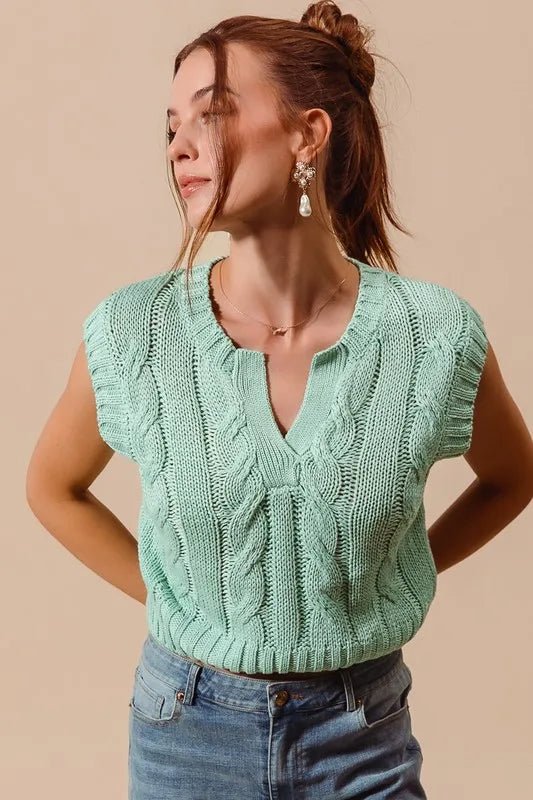 SO ME Notched Neck Cable Knit Sweater Vest - Chaelisa's New Jammies