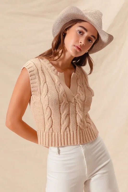 SO ME Notched Neck Cable Knit Sweater Vest - Chaelisa's New Jammies