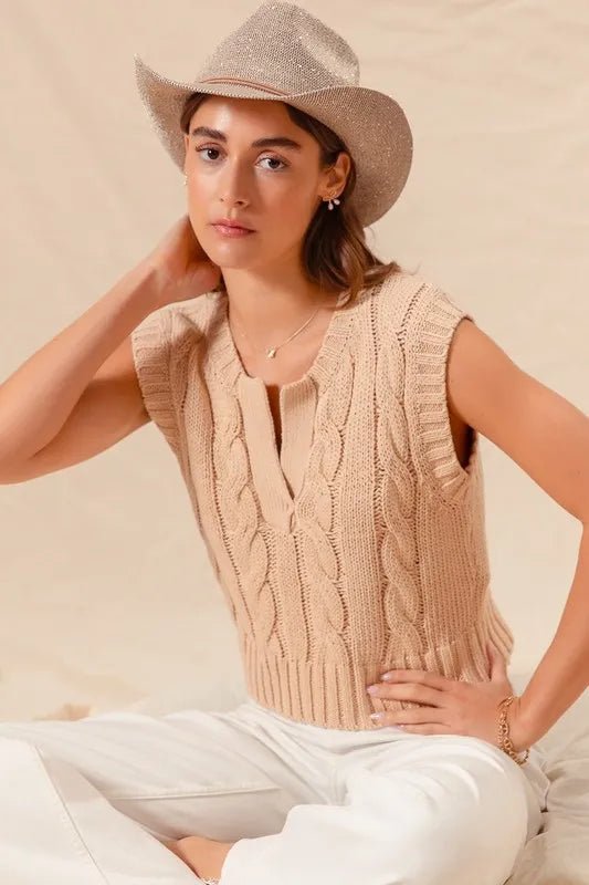 SO ME Notched Neck Cable Knit Sweater Vest - Chaelisa's New Jammies